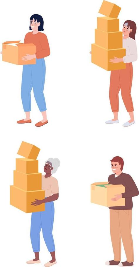 People carrying heavy cardboard boxes semi flat color vector characters set Vector Characters, Carrying Boxes, Christmas Drawings, After Effect Tutorial, Vector Character, Christmas Drawing, Color Vector, Vector Clipart, Flat Color