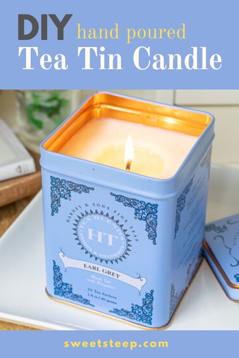 This fun tea tin craft is a pretty way to reuse tea tins. Hand poured soy candles are easy to make and make beautiful homemade gifts, too. Plus, when you repurpose your tea tins, you can feel good about doing your part to help the environment. Get started making your own candle with these simple instructions. #tea #teatin #candle #candles #candlemaking #soycandles #homemadecandles #diycandles #crafts #crafting #craftingideas #handmade #reuse #repurposed #upcycle #upcycling #upcycledcrafts #diy Tea Infused Candles, Harney And Sons Tea Tins Crafts, Tea Tin Crafts, Coffee Tin Crafts, Tea Candles Ideas Decor, Tea Candles Ideas, Tea Tins Repurposed, Candle Container Ideas, Simple Homemade Gifts