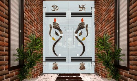 Pooja Room Glass Door Design Indian, Etched Glass Door For Pooja Room, Pooja Room Glass Door Designs, Pooja Room Double Door Designs, Room Glass Door, Glass Door Designs, Temple Glass, Pooja Room Door, Pooja Door