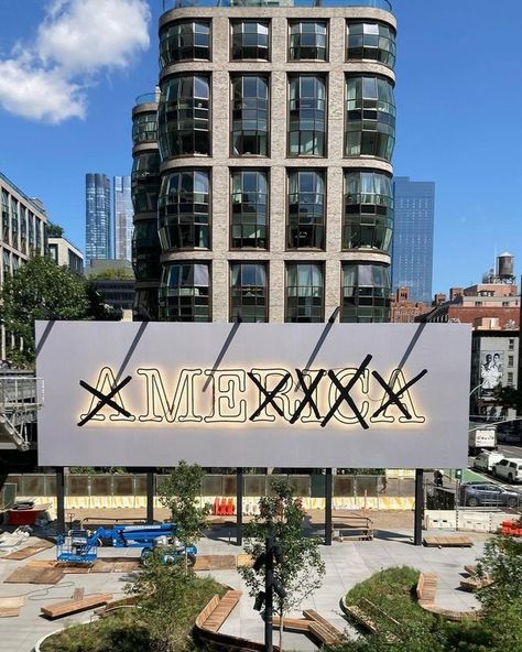 ‘Glenn Ligon. Untitled (America/Me)’💥 is now on view at the High Line's📍18th St Billboard. @glennligon's new 25 x 75-foot billboard features an altered version of his iconic 2008 neon work, ‘Untitled,’ which stretches 14 feet across and displays the word ‘AMERICA’ in flickering neon letters. For ‘Untitled (America/Me),’ the artist manipulated a photograph of the original 2008 neon, drawing thick black X’s over the majority of the letters—leaving the word ‘ME.’ ‘I’m interested in playing w... Glenn Ligon, Neon Letters, High Line, The Original, Typography, Neon, Photographer, Drawings, The Originals