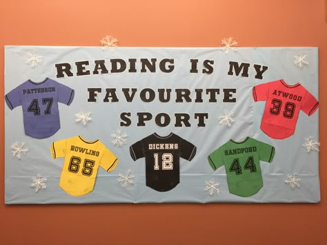 February bulletin - Reading is my favourite sport Sports Reading Bulletin Board, Reading Sports Theme, I Love To Read Month Bulletin Boards, Bulletin Board Ideas Reading, Literacy Bulletin Boards, Sports Bulletin Boards, Book Bulletin Board, School Library Bulletin Boards, School Team Shirts