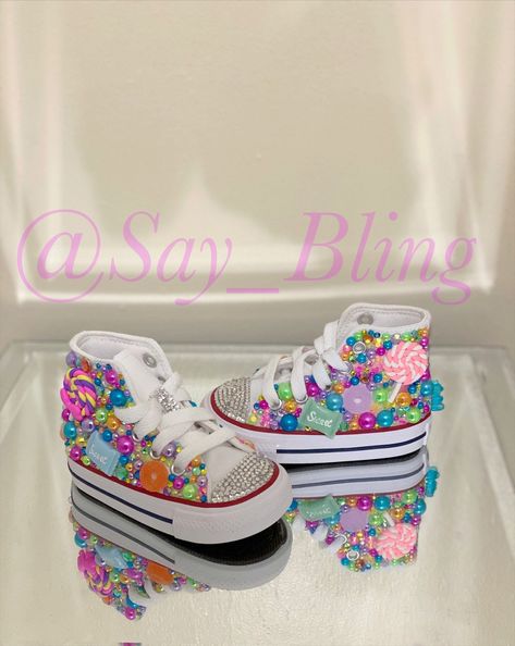 No matter the theme or the color we can make it happen Whether it's girl or boy, trust us make a one of a kind pair of converses for your little one! Add theme to note! Shoe Art Diy, Minnie Mouse Converse, Donut Shoes, Customized Converse, Bling Baby Shoes, Shoes Costume, Bling Sneakers, Diy Rhinestone Crafts, Mickey Shoes