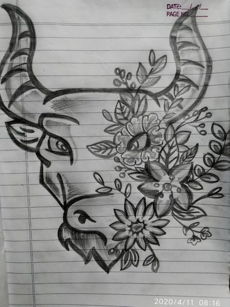 Taurus Symbol Tattoo With Flowers, Taurus Tattoo Drawing, Taurus Back Tattoo Women, Taurus Bull Tattoos For Women Leg, Taurus Drawing Ideas, Bull Tattoo Women, Half Bull Half Flower Tattoo, Taurus Tattoo Black Woman, Taurus Women Tattoo