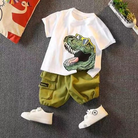 Boys Summer Outfits, Outdoor Fashion, Cotton Set, Summer Boy, Boys Casual, Print Tee, T Shirt And Shorts, Dinosaur Print