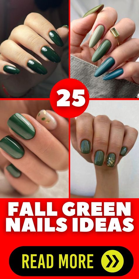 For autumn, fall green nails are an essential trend. Dark green acrylic nails in both almond and short designs offer a variety of stylish options. Simple nail art designs with matte polish or a touch of glitter create a cute and elegant look. Explore French tip and chrome finishes for unique inspo. With designs square and almond, fall green nails are versatile and trendy. OPI provides excellent polish options to achieve these looks at a reasonable price. Short Acrylic Green Nails Designs, Grey And Green Nails Ideas, Nail Art Designs Green Colour, Nail Designs With Green Polish Art Ideas, Green September Nails, Fall Nails Greens, November Nails Ideas Green, Green And Champagne Nails, Fall Green Nails 2024