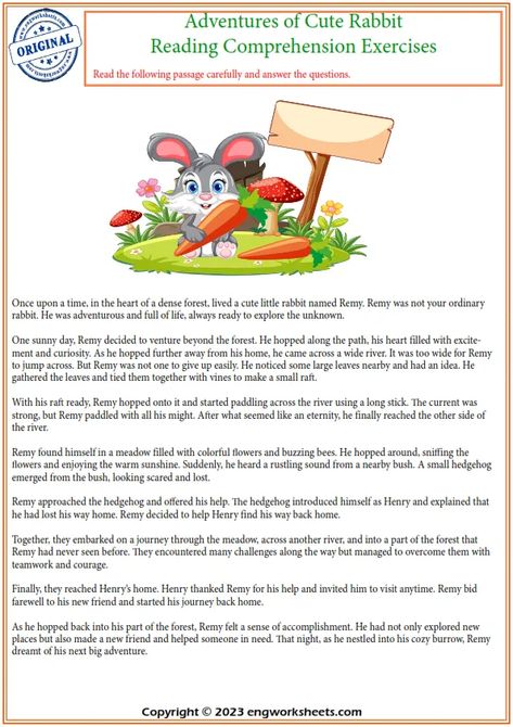 Reading Comprehension Worksheets - 5Th Grade Reading Comprehension Worksheet Adventures Of The Cute Rabbit. - English Comprehension - EngWorksheets 4th Grade Reading Worksheets, English Comprehension, Esl Reading Comprehension, Free Reading Comprehension Worksheets, Esl Reading, Comprehension Exercises, 5th Grade Reading, 4th Grade Reading, Reading Comprehension Passages