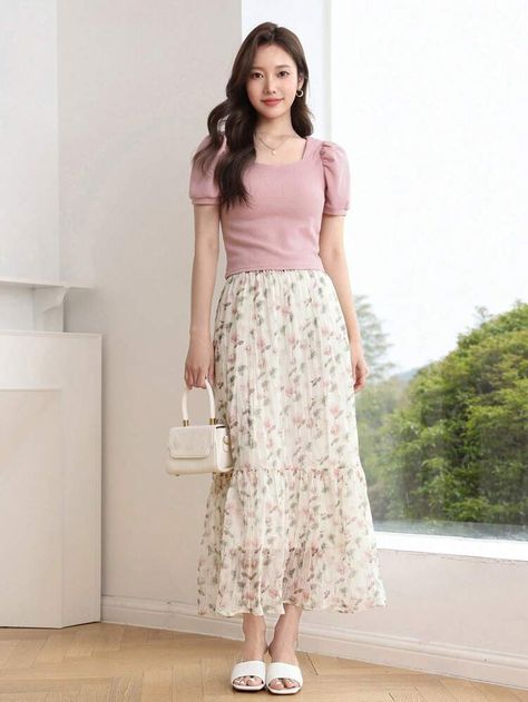 Dazy-Less Floral Print Ruffle Hem Pleated Skirt | SHEIN White Midi Skirt Outfit, Fanfic Outfits, Two Piece Outfits Skirt, Tropical Weather, Skirts Long, Midi Skirt Outfit, White Midi Skirt, Modest Summer, Two Piece Outfit