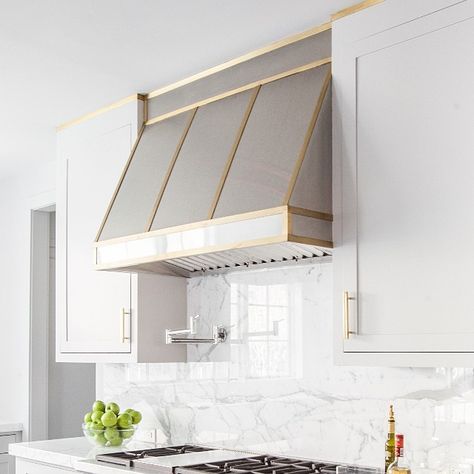 Stainless Steel Kitchen Hood with Brass Trim, Transitional, Kitchen Kitchen Hood Ideas, Kitchen Hood Design, Oven Hood, Transitional Kitchen Design, Hood Ideas, Stainless Steel Hood, Kitchen Hood, Stainless Backsplash, Kitchen Range Hood