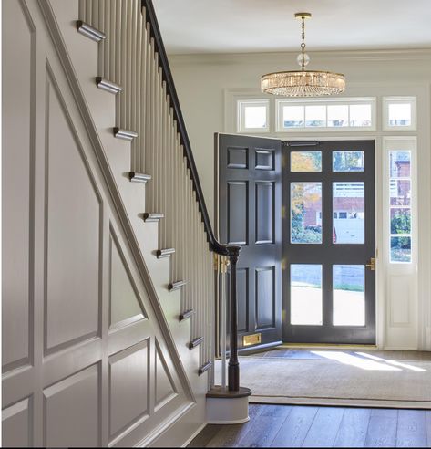 Colonial Entryway, Modern Colonial House, Colonial House Interior, Modern Colonial, Large Foyer, Staircase Wall, Foyer Decorating, Entrance Foyer, Interior Renovation