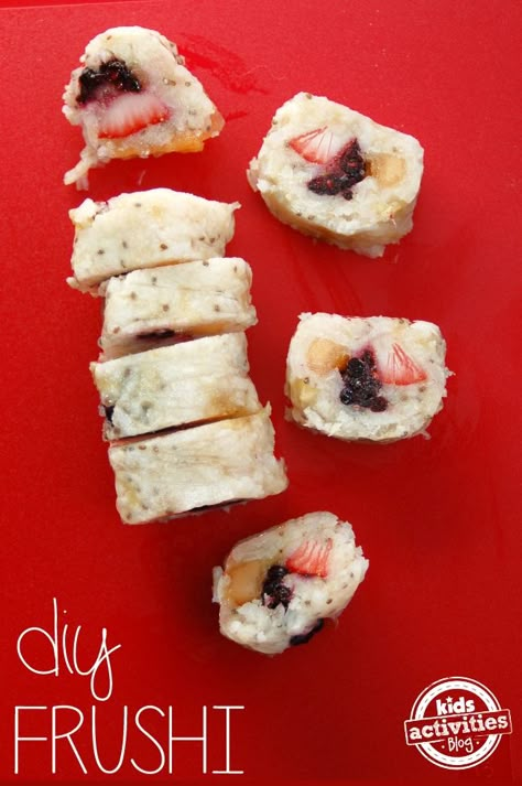 DIY Frushi -rice+bananas+fruit Kid Dinners, Resep Sushi, Fruit Sushi, Meals Kids Love, Kids Homemade, Sushi Recipes, Good Healthy Snacks, Snack Attack, Food For Kids