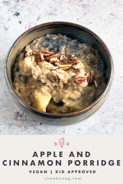 Porridge is always a great way to start the day, whether you’re a baby, child or adult. My apple and cinnamon porridge is packed full of flavour. You can eat it as it is, or jazz it up with some extra toppings - I like pecan nuts and poppyseeds. My version is suitable for vegans, but you can use the milk of your choice. #vegan #veganbreakfast #appleporridge #porridge #oatmeal #veganporridge #babyledweaning #babyfood #weaning Cinnamon Porridge, Winter Vegetarian Recipes, Hidden Vegetable Recipes, How To Make Porridge, Vegetarian Kids, Autumn Recipes Vegetarian, Plant Based Recipes Breakfast, Apple And Cinnamon, Vegan Breakfasts