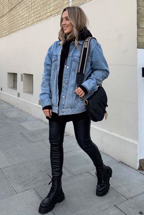 Freya pairs our Blue Denim Super Oversized Jacket with our bestselling Black Straight Leg Faux Leather Leggings and AVA Black Leather Chunky Lace Up Boots for a casual off-duty look that is rich in texture. IG: freyakillin Oversized Jean Jacket Outfit, Denim Jacket Outfit Women, Freya Killin, Oversized Denim Jacket Outfit, Look Legging, Jacket Outfit Women, Jean Jacket Outfits, Denim Jacket Outfit, Oversized Denim Jacket