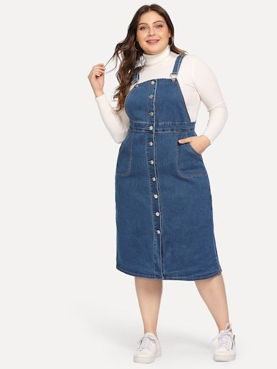 Shop Plus Button Front Denim Dress online. SheIn offers Plus Button Front Denim Dress & more to fit your fashionable needs. Denim Dress Plus Size, Midi Pinafore Dress, Denim Tank Dress, Denim Dresses Online, Womens Denim Dress, Denim Dresses, Moda Plus, Pinafore Dress, Denim Overalls