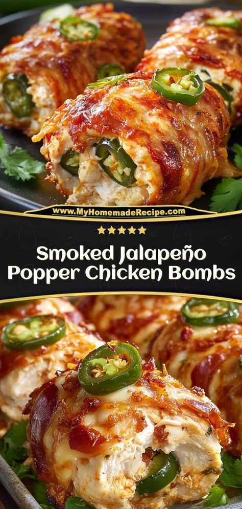 These smoked jalapeño popper chicken bombs are spicy, cheesy, and wrapped in crispy bacon. A bold and flavorful appetizer! Ingredients: 4 chicken breasts 4 jalapeños, halved and seeded 1 cup cream cheese 8 slices bacon Enjoy these chicken bombs for a crowd-pleasing snack or appetizer Chicken Bomb, Shrimp Jalapeno Poppers, Jalapeno Wonton Poppers, Popper Chicken, Juicy Baked Chicken, Smoked Jalapeno, Jalapeno Popper Chicken, Jalapeño Poppers, Jalapeno Chicken