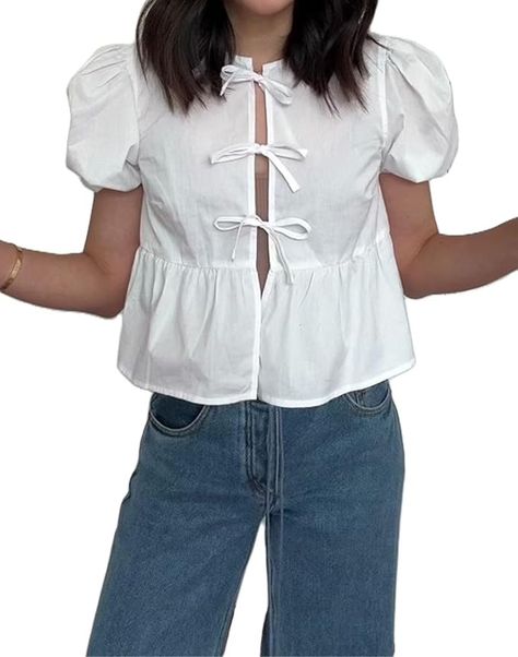 Tie Front Tops for Women Y2k Short Puff Sleeve Blouse Ruffle Hem Peplum Shirt Reversible Babydoll Tops Summer Streetwear G White at Amazon Women’s Clothing store Bow Tops For Women, Fun Blouses, Bow Blouse Outfit, Short Puff Sleeve Blouse, Y2k Blouse, Ruffle Tops Outfit, Tie Front Tops, Job Outfits, Babydoll Tops