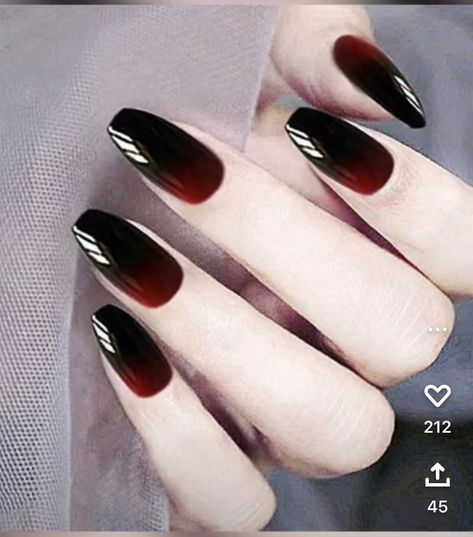 Vampy Acrylic Nails, Vampire Nails Gothic Short, Eddie Munson Nails Designs, Red And Black Wedding Nails, Matte Black And Red Nails, Red Nails Black Tips, Easy Red Nails, Resident Evil Nails, Black Fade Nails