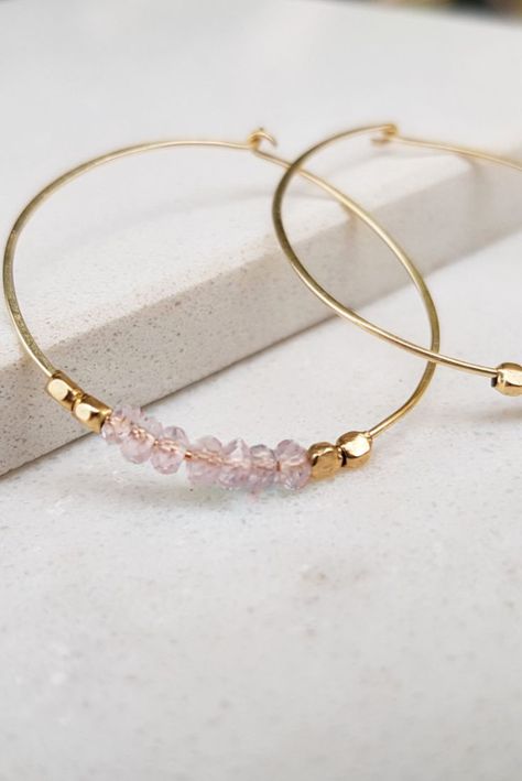 Quartz Hoop Earrings, Earrings Gold Hoop, Rose Quartz Earrings, Hoop Earrings Gold, Earrings Beaded, Beaded Hoop Earrings, Beaded Hoops, Quartz Earrings, Gold Filled Jewelry