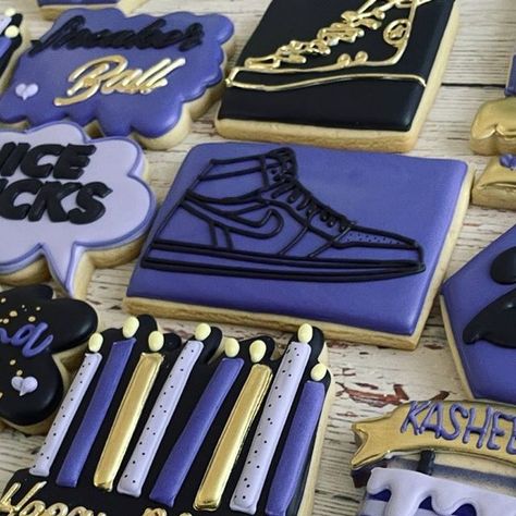 Mizz Desserts LLC on Instagram: "Sneaker Ball Birthday Cookies! 💜💛🖤 #Cookie #cookies #customcookies #customsugarcookies #sugarcookie #customdecoratedcookies #decoratedcookies #decoratedsugarcookies #royalicing #royalicingcookies #cookiemaker #cookiebaker #cookieart #njbaker #njdesserts #newarknj #bloomfieldnj #nutleynj #njpartyplanner #njeventplanner #njcookies #sneakercookies #sneakerballcookies #sneakerball" Sneaker Ball Cookies, Sneaker Cookies Decorated, Nike Cookies, Sneaker Cookies, Sneaker Ball Decorations, Shoe Cookies, Sneaker Ball, Cookie Maker, Ball Ideas