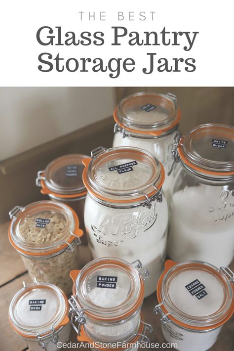 Pantry With Glass Jars, Glass Storage Jars Kitchen, Glass Pantry Storage, Mason Jar Pantry Storage, Flour Storage Ideas, Le Parfait Jars, Family Organisation, Canning Jar Storage, Jar Desserts