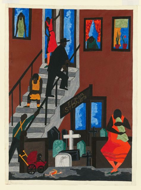 Characteristic of Jacob Lawrence’s work in the 1940s are subjects drawn from the streets and interiors of Harlem. Although he believed that you cannot “tell a story in a single painting,” Lawrence occasionally worked outside the series structure for which he is best known. In uninflected areas of bold color, Tombstones pictures neighbors and residents in front of an apartment building. It encapsulates the full sweep of life within the African American community, from the cradle—the baby carriage Jacob Lawrence Paintings, Jacob Lawrence Art, Tombstone Pictures, Jacob Lawrence, American Painters, Plaster Sculpture, Senior Project, The Cradle, Whitney Museum