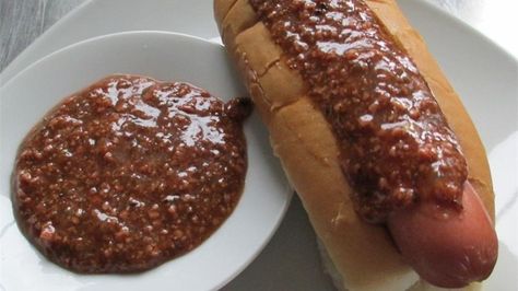 Texas Hot Wiener Sauce (Ulster County New York Style) Texas Hot Dog Sauce Recipe, Chili Hotdogs, Hot Dog Chili Sauce Recipe, Chili Dog Sauce, Coney Dogs, Hot Dog Sauce Recipe, Hotdog Chili Recipe, Coney Sauce, Hot Dog Chili Sauce