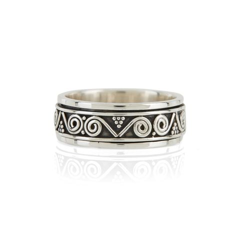 Men's Aztec Wanderer Spinning Ring: Men's Striking Aztec Design Solid Silver Spinning Ring Designed for a free spirit who embraces adventure and travel, this handcrafted silver spin ring is just the thing for the discerning man in your life. The calming motion of a spinning ring provides comfort in stressful situations, and the fine work of the Aztec design symbolises strength and power. Not only fabulous for your fingers, this ring can also be worn on the thumb. Spinning rings have been used fo Spin Ring, Aztec Empire, Charlotte's Web, Spinning Ring, Handmade Silver Jewellery, Spinning Rings, Celtic Rings, Aztec Design, Meditation Rings