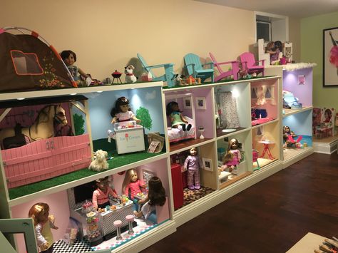 American Girl Dollhouse 19 rooms created from 3/4 inch MDF. Fun DIY!!                                                                                                                                                     More Our Generation Storage, Diy Our Generation Doll House, Our Generation Doll Storage, American Girl Bedrooms, American Girl Storage, American Doll House, Doll Organization, Ag Doll House, American Girl House