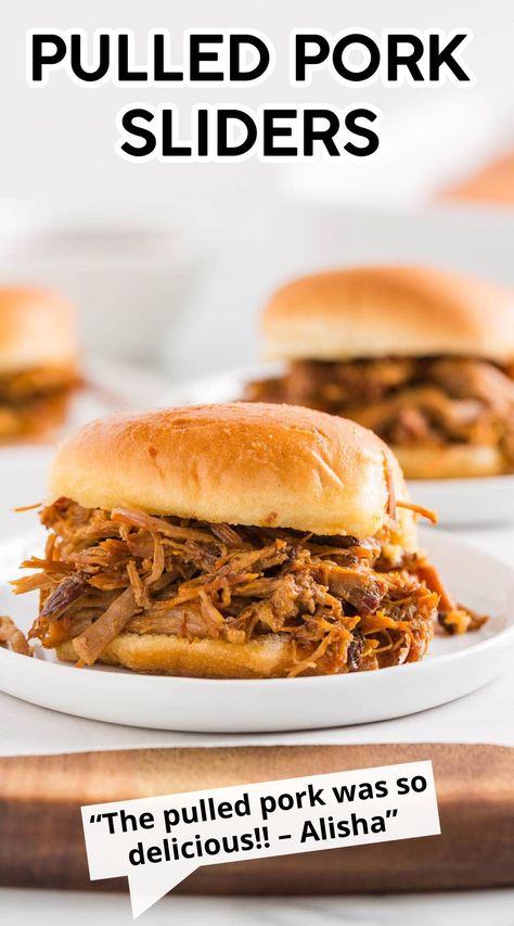 These pulled pork sliders are made with slow-cooked shredded pork smothered in a sweet, savory, and smoky BBQ sauce piled high on Hawaiian buns! Shredded Pork Crockpot, Bbq Pulled Pork Sliders, Pork Sliders Recipes, Shredded Pork Recipes, Easy Pulled Pork Recipe, Sliders Recipes Hawaiian Rolls, Hawaiian Buns, I Heart Naptime Recipes, Asian Steak Bites