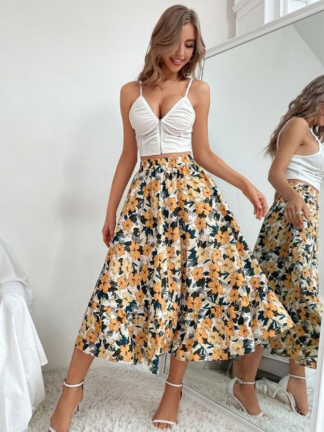 Long Floral Skirt, Girls Party Wear, Teen Girl Dresses, Flower Skirt, Women Skirts, Dresses With Leggings, Printed Skirts, Flare Skirt, Ruffle Hem