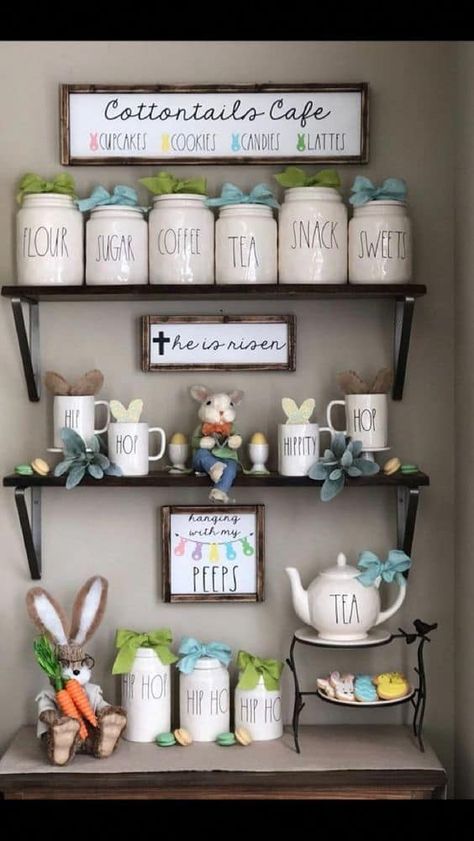 Easter Coffee Bar, Rae Dunn Coffee Bar, Diy Coffee Bar Ideas, Rae Dunn Display, Easter Coffee, Make Your Own Coffee, Farmhouse Coffee Bar, Diy Coffee Bar, Decor Fireplace