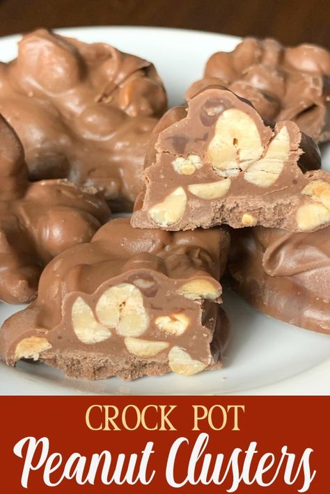 Crock Pot Peanut Clusters - Plowing Through Life Crock Pot Peanut Clusters, Peanut Clusters In Crockpot, Homemade Holiday Treats, Chocolate Peanut Clusters, Chocolate Covered Nuts, Peanut Clusters, Crockpot Candy, Peanut Candy, Chocolate Covered Peanuts