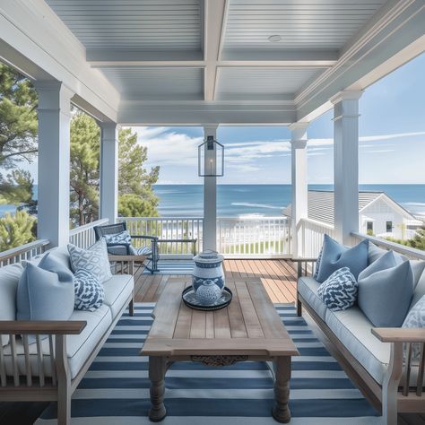 Coastal Seaside Patio in Light Blue and White Concept Nantucket Interior Design, Beach House Patio, Beach House Backyard, Light Blue Houses, Coastal Ideas, Beach Balcony, Coastal Patio, Cottage Porch, Blue Patio