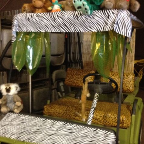 Old torn up golf cart transformed into a safari jeep for mother daughter retreat Safari Golf Cart Decorations, Golf Cart Decorations, Safari Jeep, Jungle Safari, Jungle Theme, Golf Cart, Golf Carts, Mother Daughter, Jeep