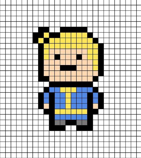 Small pixel art template of Vault Boy from the Fallout game franchise by Bethesda game studios. Fallout Minecraft, Fallout Crochet, Fallout Pixel Art, Fallout Embroidery, Overwatch Pixel Art Grid, Fallout Perler, Fallout Perler Beads, Fallout Cross Stitch, Futurama Alpha Pattern