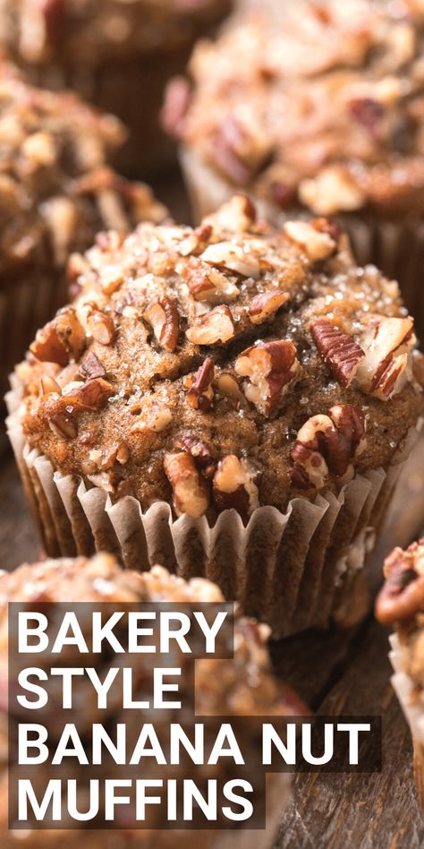 Learn how to make bakery style banana nut muffins with simple everyday ingredients! This easy banana nut muffin recipe will impress everyone with those big domed muffin tops loaded with nuts! Banana Nut Muffins With Crumb Topping, Herbalife Muffins, Breakfast Bits, Easy Banana Nut Muffins, Magic Muffins, Banana Bread Muffin Recipe, Morning Muffins, Nut Muffins, Banana Muffin