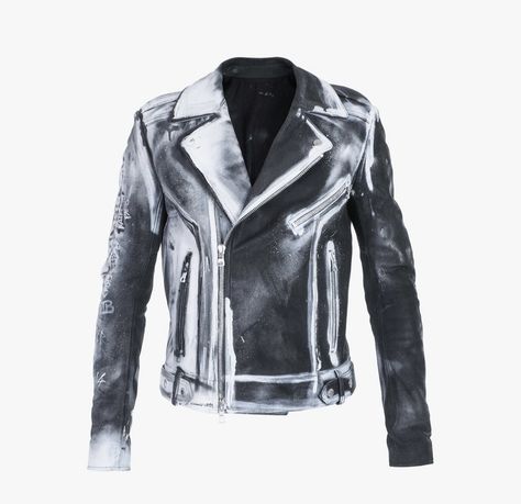 Denim Biker Jacket Men, Balmain Denim Jacket, Ripped Leather Jacket, Spray Painted Leather Jacket, Spray Paint Leather Jacket, Spray Painted Clothing, Spray Paint Jacket, Diy Leather Jacket, Rockstar Jacket