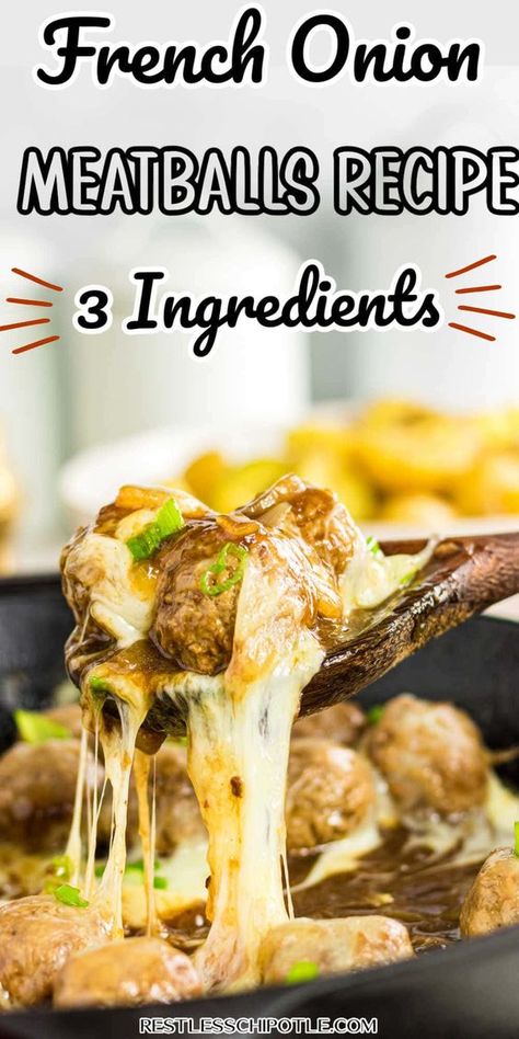 French Onion Meatballs Recipe, French Onion Meatballs, Onion Meatballs, Meatball Recipes Crockpot, Restless Chipotle, Meatball Dinner, Meatball Recipes Easy, Onion Soup Recipes, Crock Pot Meatballs