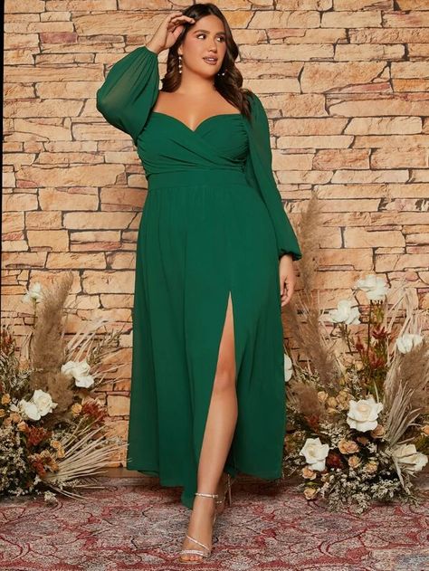 SHEIN Plus Sweetheart Neck Lantern Sleeve Split Thigh Chiffon Bridesmaid Dress | SHEIN USA Emerald Green Dresses Plus Size, Plus Size Wedding Guest Dresses With Sleeves, April Wedding Guest Dress Plus Size, Forest Green Plus Size Dress, Dark Green Bridesmaid Dresses Plus Size, Emerald Green Plus Size Gown, Emerald Green Plus Size Dress, Plus Size Fall Dresses For Wedding Guest, Midsize Dresses Formal