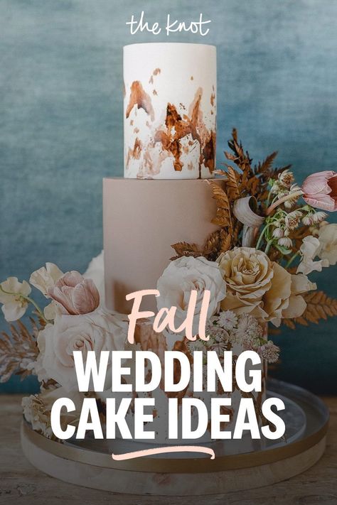 Autumn Wedding Cake Flavors, 3 Tier Fall Wedding Cake, Fall Inspired Wedding Cakes, Fall Wedding Cake Recipes, Reception Cakes Wedding, Fall In Love Cake Ideas, Autumn Themed Wedding Cakes, Fall Wedding Cakes Rustic 2 Tier, Wedding Cake November