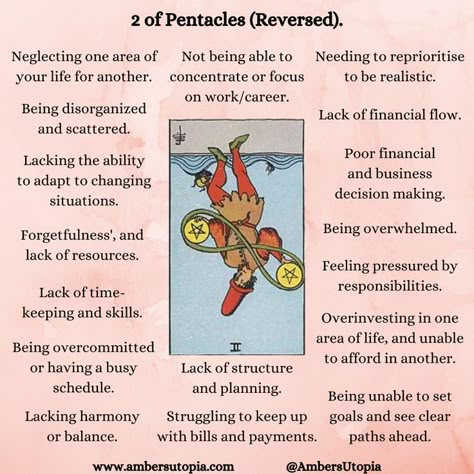 This is a picture of the 2 of Pentacles in its reversed position. This image describes and highlights the variety of tarot card meanings and interpretations which can be read from the 2 of Pentacles in its reversed position. 2 Of Pentacles, Pentacles Tarot Meaning, Two Of Pentacles, Suit Of Pentacles, Tarot Pentacles, Tarot Cards Meaning, Justice Tarot, Cards Meaning, Tarot Interpretation