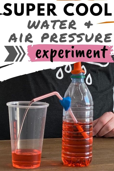 The air pressure in a balloon pushes liquid out of a bottle through a straw Diy Drink Dispenser, Air Pressure Experiments, Weather Experiments, Fun Experiments For Kids, Homeschool Science Experiments, Force And Pressure, At Home Science Experiments, Science Experiments For Preschoolers, Kid Experiments