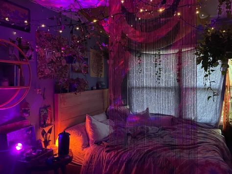 Curtain Lights Ideas For Bedroom, Bead Bedroom Decor, Purple Room Curtain Ideas, Purple Rooms Aesthetic, Purple Tapestry Bedroom, Purple Light Bedroom, Purple Green Aesthetic Room, Purple Bedroom Lights, Purple Lighting Bedroom