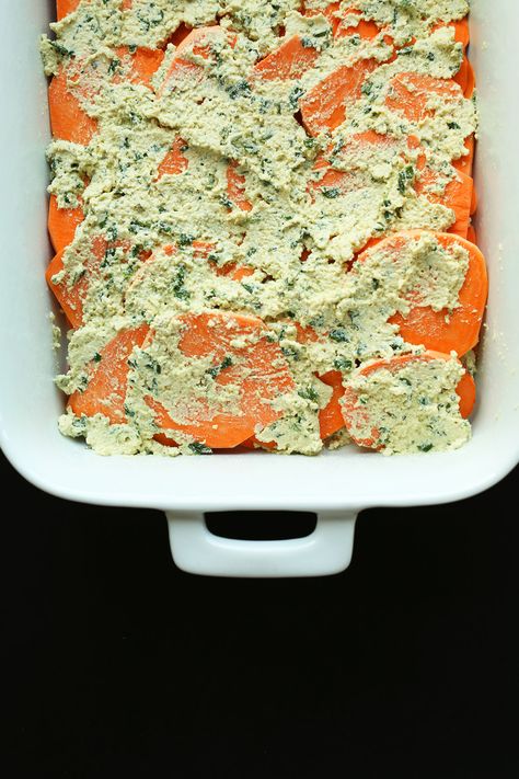 AMAZING Vegan Sweet Potato Lasagna! 9 ingredients, simple methods, BIG flavor! #healthy #vegan #glutenfree #lasagna #recipe #dinner #minimalistbaker Sweet Potato Lasagna, Potato Lasagna, Tofu Ricotta, Basil Pesto Sauce, Potato Dinner, Satisfying Eats, Vegan Parmesan Cheese, Minimalist Baker, Recipe Dinner