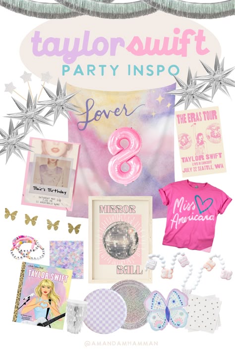 Taylor Swift Eras Birthday Theme, Eras Bday Party, Lover Birthday Party Taylor Swift, Taylor Swift 8th Birthday Party Ideas, Taylor Swift Themed Birthday Party Kids, Era Tour Birthday Party, Taylor Swift Lover Party Ideas, Taylor Swift 5th Birthday, Taylor Swift Eras Tour Party Decorations