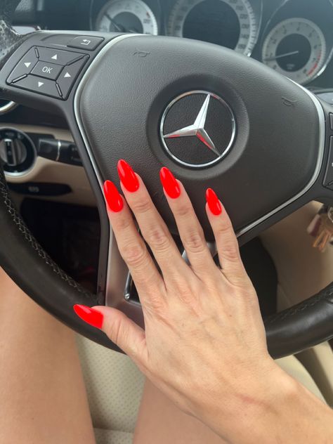 Neon Red Acrylic Nails, Almond Shaped Sns Nails, Bright Classy Nails, Bright Red Coffin Acrylic Nails, Orange Red Acrylic Nails, Super Bright Nails, Long Almond Nails Colorful, Orange Red Almond Nails, Red Summer Almond Nails