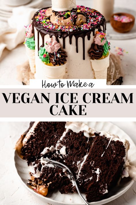 sliced vegan ice cream cake Vegan Ice Cream Cake Recipe, Homemade Vegan Ice Cream, Vegan Ice Cream Cake, Vegan Frozen Dessert, Best Vegan Ice Cream, Banana Diaries, Summer Birthday Cake, Gluten Free Vegan Recipes Desserts, Vegan Dessert Bars