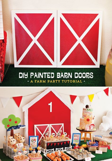 I made these DIY Painted Barn Doors for a Farm First Birthday Party project last year, and as far as easy-yet-high-impact projects go, this one has Painted Barn Doors, Barn Birthday Party, Farm Themed Party, Barnyard Birthday Party, Farm Theme Birthday, Farm Animal Party, Farm Animals Birthday Party, Farm Themed Birthday Party, Barn Parties