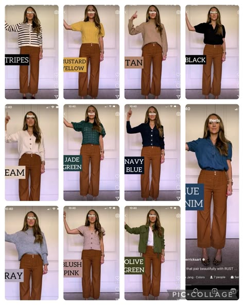 Cinnamon Pants Outfit, Terra Cotta Pants Outfit, Mocha Pants Outfit, Winter Color Outfit Ideas, How To Wear Brown Pants, Outfits Pantalon Marron, How To Style Brown Trousers, How To Style Tan Pants, Brown Color Combos Outfits