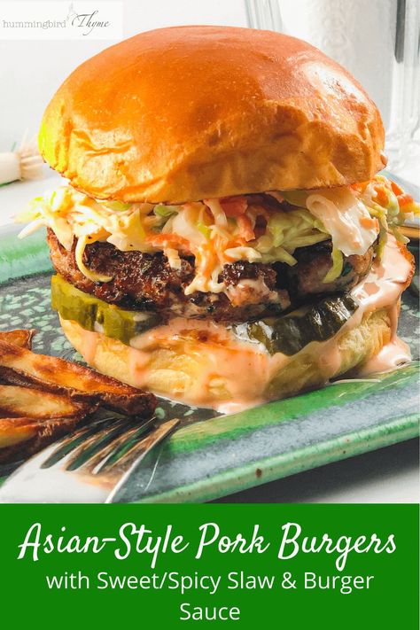 Asian Burger Recipe, Pork Burgers Recipes, Spicy Slaw, Epicurious Recipes, Slaw Dressing, Ginger Pork, The Best Burger, Asian Pork, Crockpot Pulled Pork