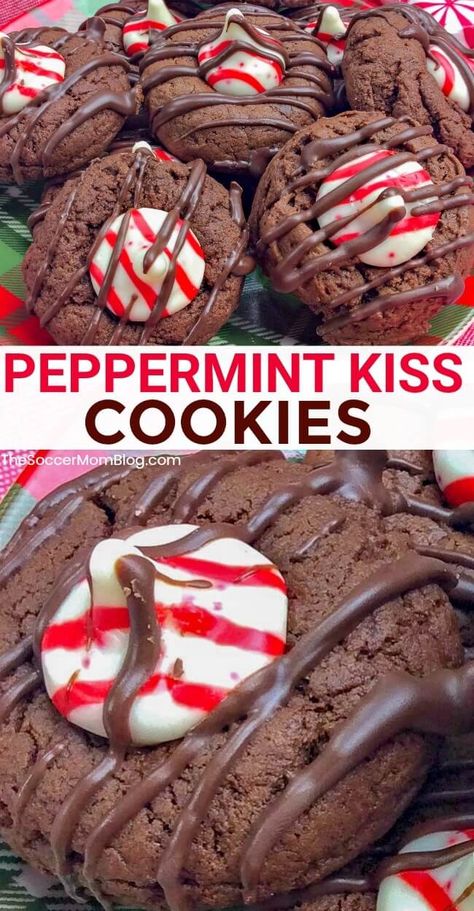 Rich chocolate peppermint kiss cookies are a delicious holiday treat! Hershey Kiss Cookie, Peppermint Thumbprint Cookies, Thumbprint Cookies Hershey Kiss, Peppermint Kiss Cookies, Candy Cane Kiss Cookies, Peppermint Bark Cookies, Kiss Cookie, Peppermint Bark Cookie, Hershey Kiss Cookies